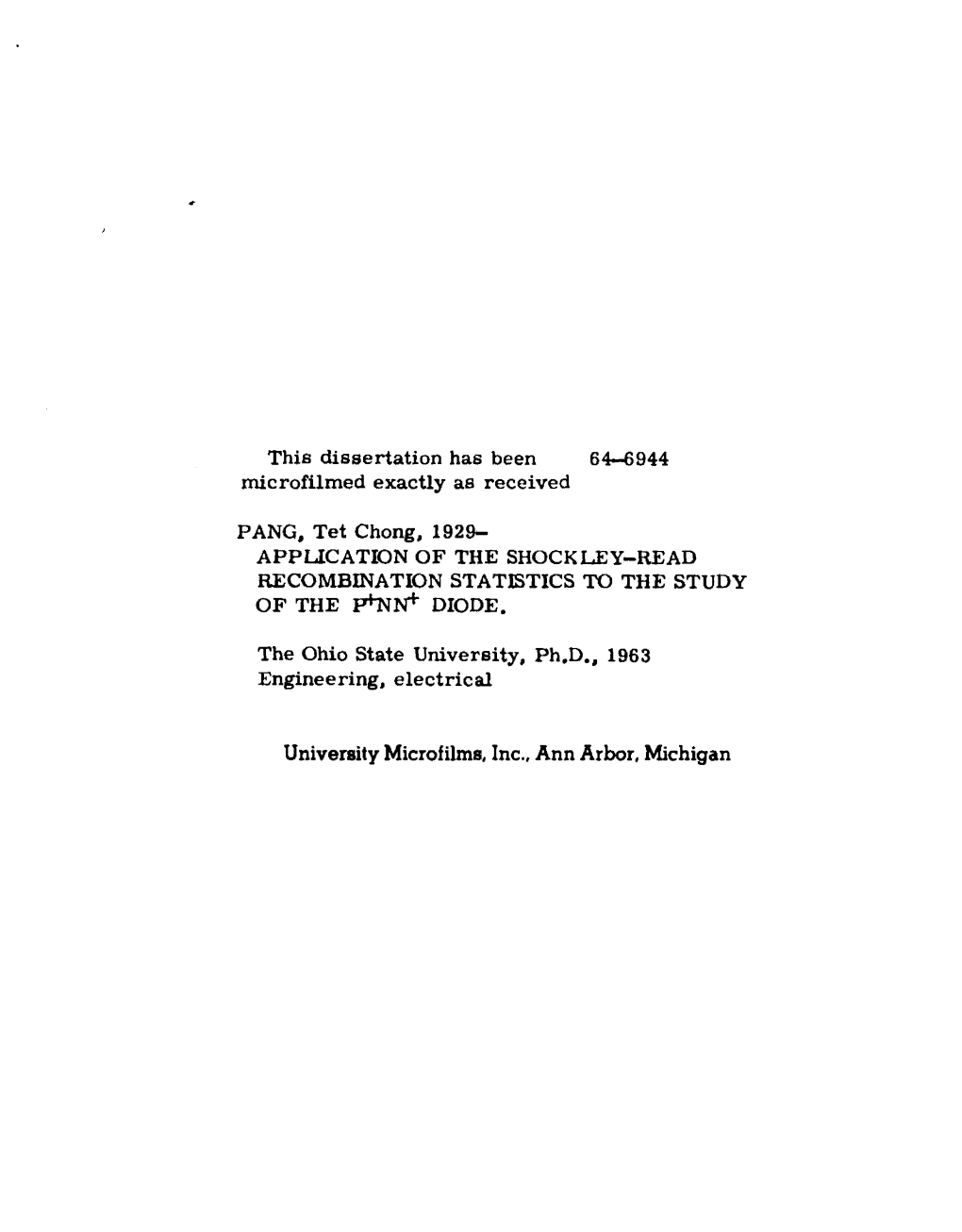 University Microfilms, Inc., Ann Arbor, Michigan APPLICATION of the SHOCKLEY-READ RECOMBINATION