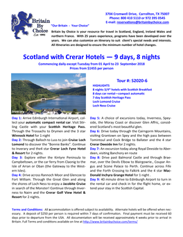 Scotland with Crerar Hotels — 9 Days, 8 Nights Commencing Daily Except Tuesday from 01 April to 23 September 2018 Prices from $1455 Per Person