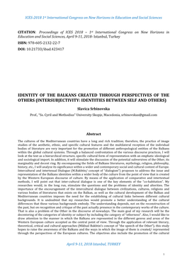 Identity of the Balkans Created Through Perspectives of the Others (Intersubjectivity: Identities Between Self and Others)