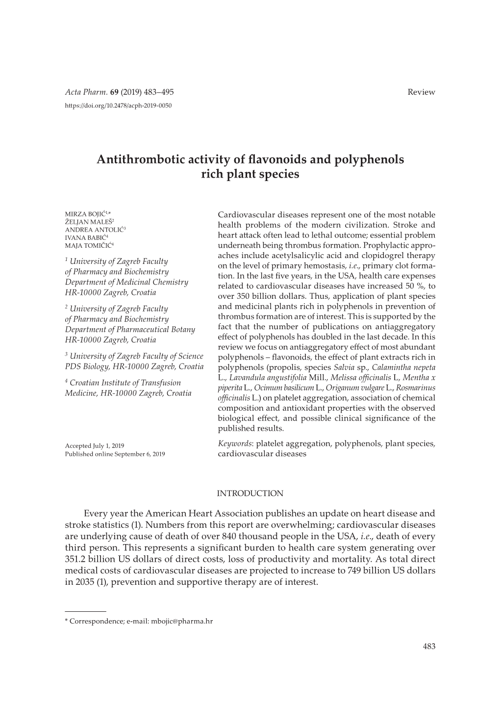 Antithrombotic Activity of Flavonoids and Polyphenols Rich Plant Species