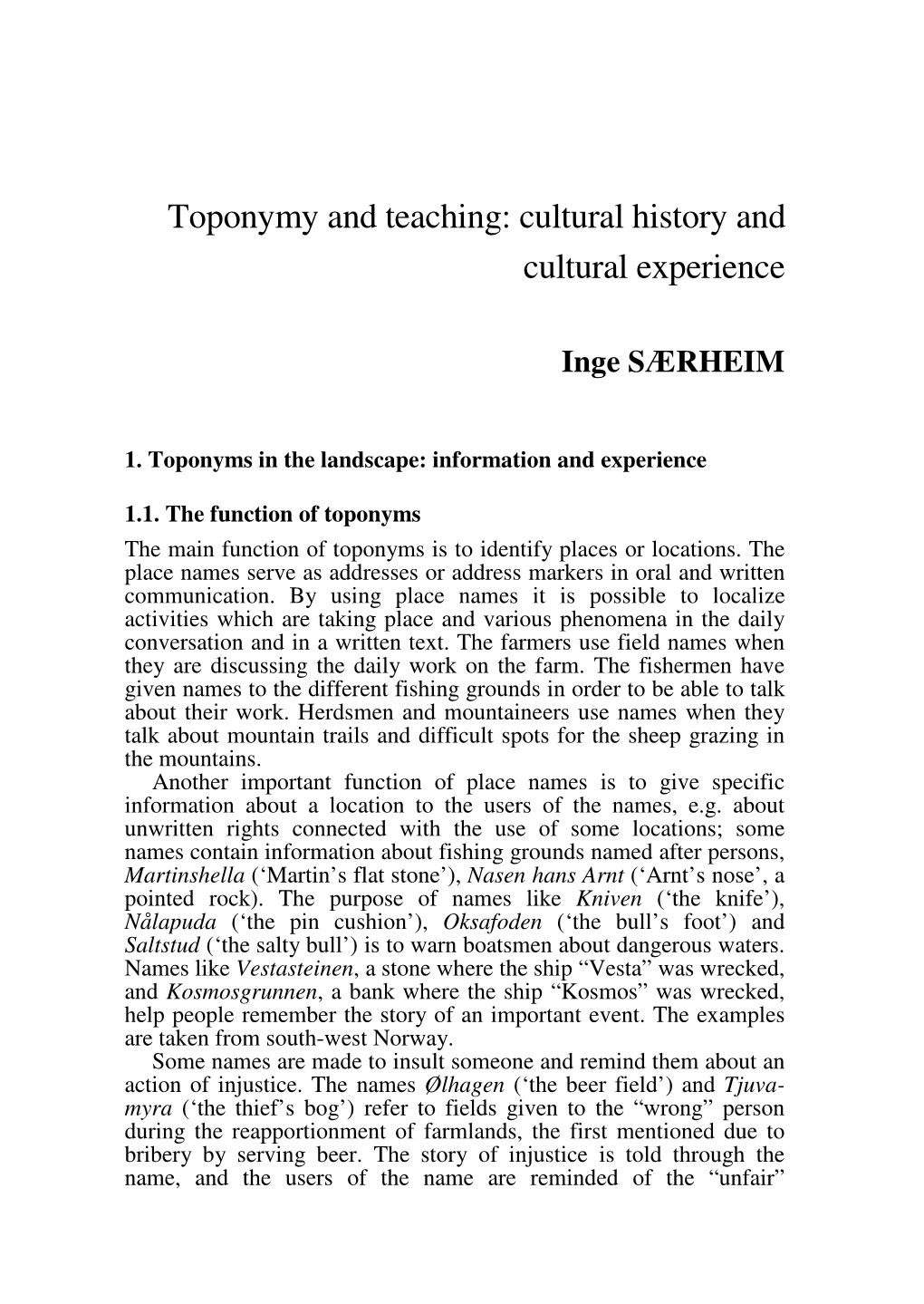 Toponymy and Teaching: Cultural History and Cultural Experience