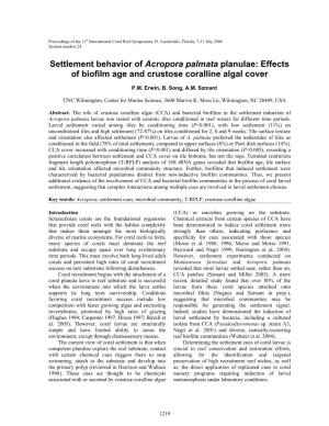 Settlement Behavior of Acropora Palmata Planulae: Effects of Biofilm Age and Crustose Coralline Algal Cover