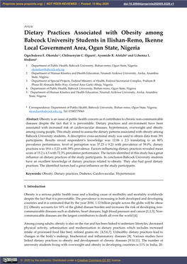 Dietary Practices Associated with Obesity Among Babcock University Students in Ilishan-Remo, Ikenne Local Government Area, Ogun State, Nigeria