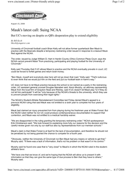 Mauk's Latest Call: Suing NCAA