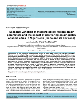Seasonal Variation of Meteorological Factors on Air Parameters and the Impact of Gas Flaring on Air Quality of Some Cities in Niger Delta (Ibeno and Its Environs)