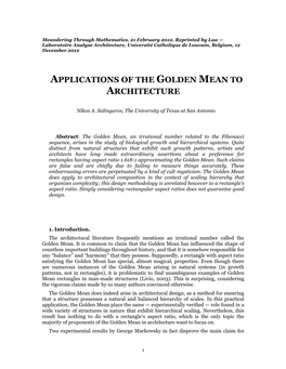 Applications of the Golden Mean to Architecture