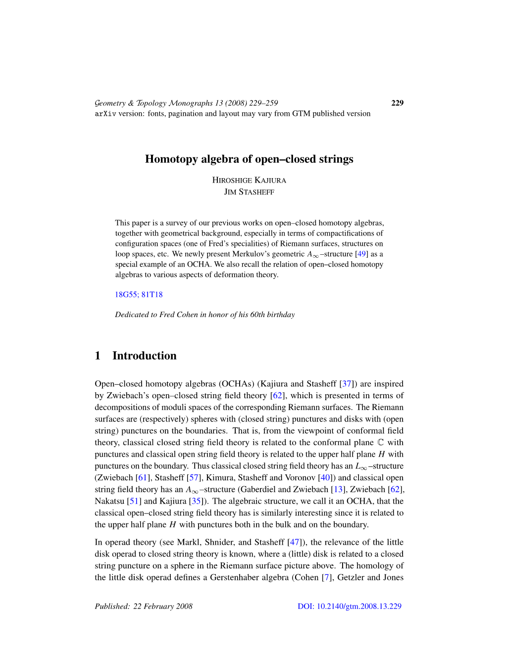 Homotopy Algebra of Open–Closed Strings 1 Introduction