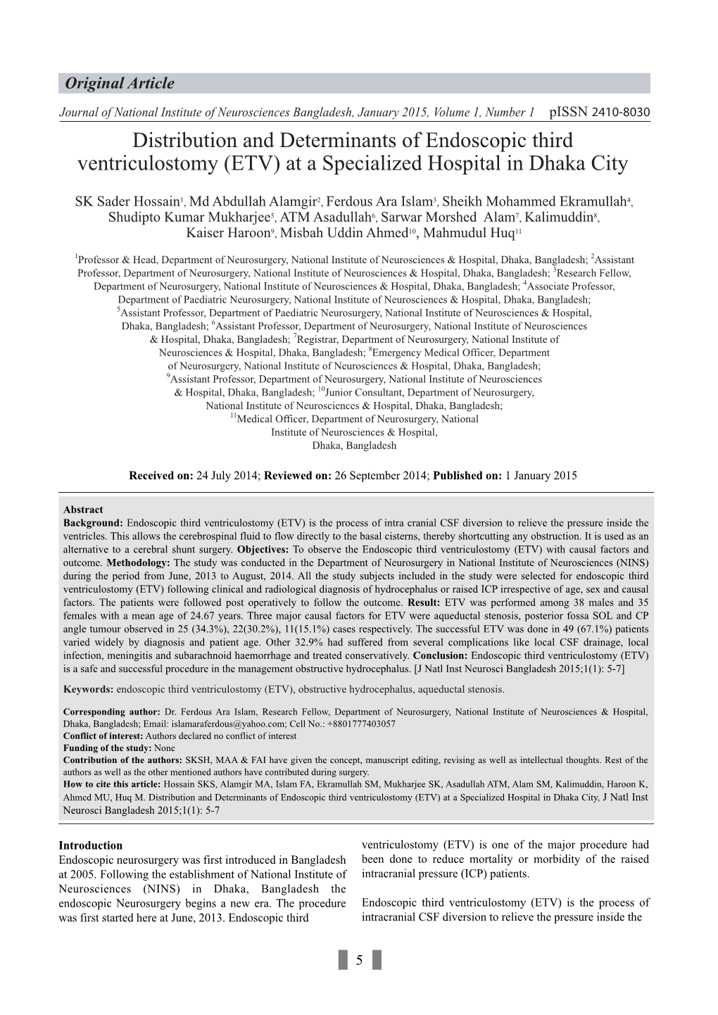 Distribution and Determinants of Endoscopic Third Ventriculostomy (ETV) at a Specialized Hospital in Dhaka City