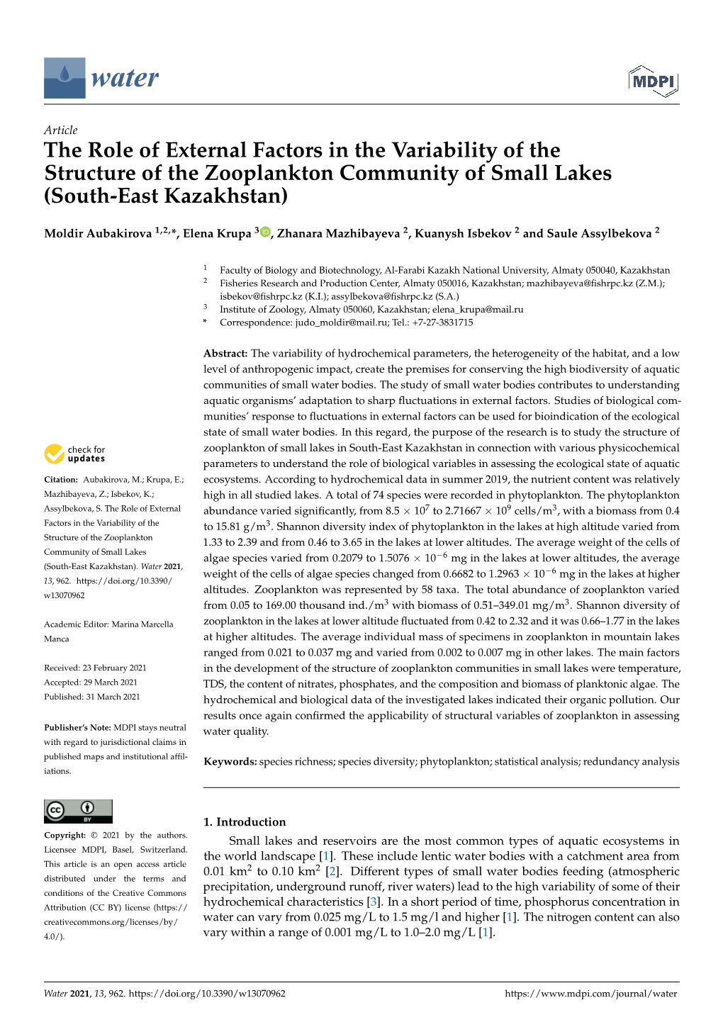 The Role of External Factors in the Variability of the Structure of the Zooplankton Community of Small Lakes (South-East Kazakhstan)