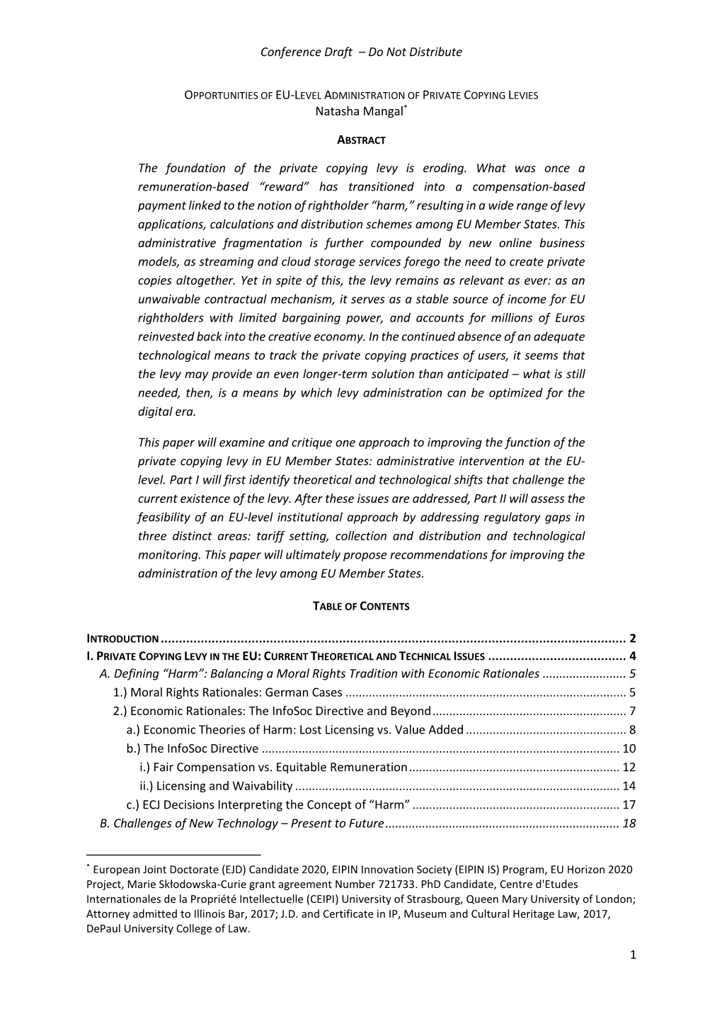 OPPORTUNITIES of EU-LEVEL ADMINISTRATION of PRIVATE COPYING LEVIES Natasha Mangal*