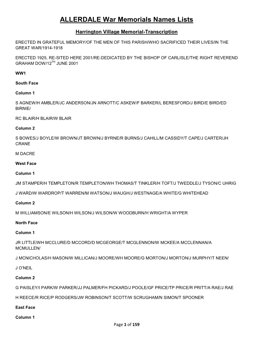 Allerdale District War Memorials Transcript