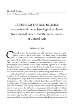 GRIFFINS, MYTHS and RELIGION — a Review of the Archaeological Evidence from Ancient Greece and the E Arly Nomads of Central Asia
