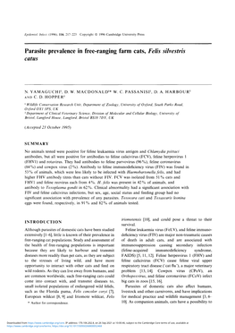 Parasite Prevalence in Free-Ranging Farm Cats, Felts Silvestris Catus