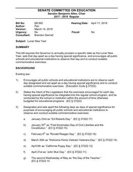 SB 892 Hearing Date: April 11, 2018 Author: Pan Version: March 14, 2018 Urgency: No Fiscal: No Consultant: Brandon Darnell