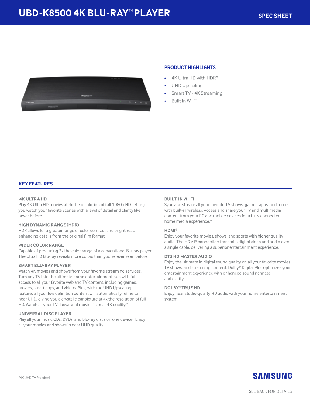 Samsung 4K UHD Blu-Ray Player Specs