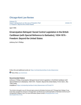 Emancipation Betrayed: Social Control Legislation in the British Caribbean (With Special Reference to Barbados), 1834-1876 - Freedom: Beyond the United States