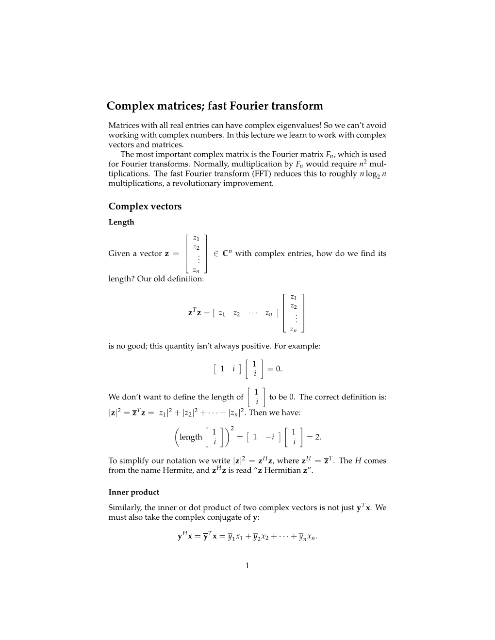 Lecture 26: Complex Matrices; Fast Fourier Transform - DocsLib