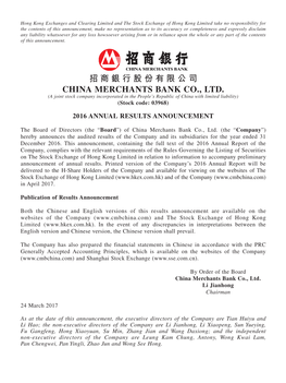 招商銀行股份有限公司 CHINA MERCHANTS BANK CO., LTD. (A Joint Stock Company Incorporated in the People’S Republic of China with Limited Liability) (Stock Code: 03968)