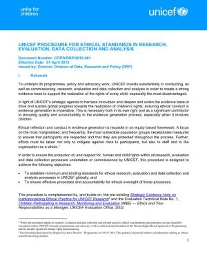 Unicef Procedure for Ethical Standards in Research, Evaluation, Data Collection and Analysis
