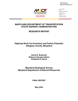 Highway Rock Cut Inventory and Failure Potential, Allegany County, Maryland