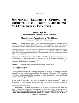 Sustainable Livelihood Options for Primitive Tribal Groups in Jharkhand: Csr Initiatives by Tata Steel