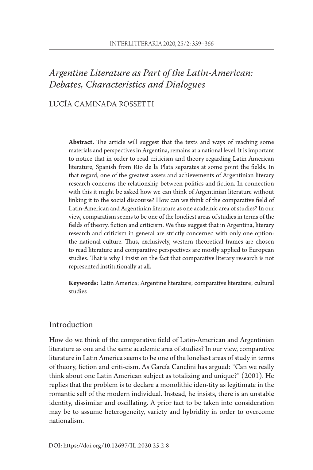 Argentine Literature As Part of the Latin-American: Debates, Characteristics and Dialogues