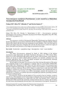 Neocosmospora Vasinfecta (Nectriaceae): a New Record As a Fimicolous Ascomycota from Brazil