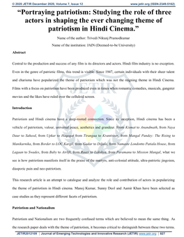 “Portraying Patriotism: Studying the Role of Three Actors in Shaping the Ever Changing Theme of Patriotism in Hindi Cinema.”