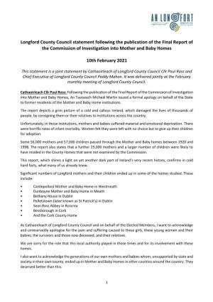 Longford County Council Statement Following the Publication of the Final Report of the Commission of Investigation Into Mother and Baby Homes