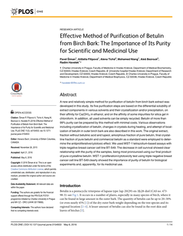 Effective Method of Purification of Betulin from Birch Bark: the Importance of Its Purity for Scientific and Medicinal Use