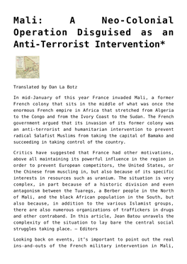 Mali: a Neo-Colonial Operation Disguised As an Anti-Terrorist Intervention*