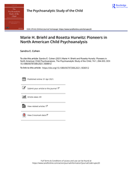Marie H. Briehl and Rosetta Hurwitz: Pioneers in North American Child Psychoanalysis
