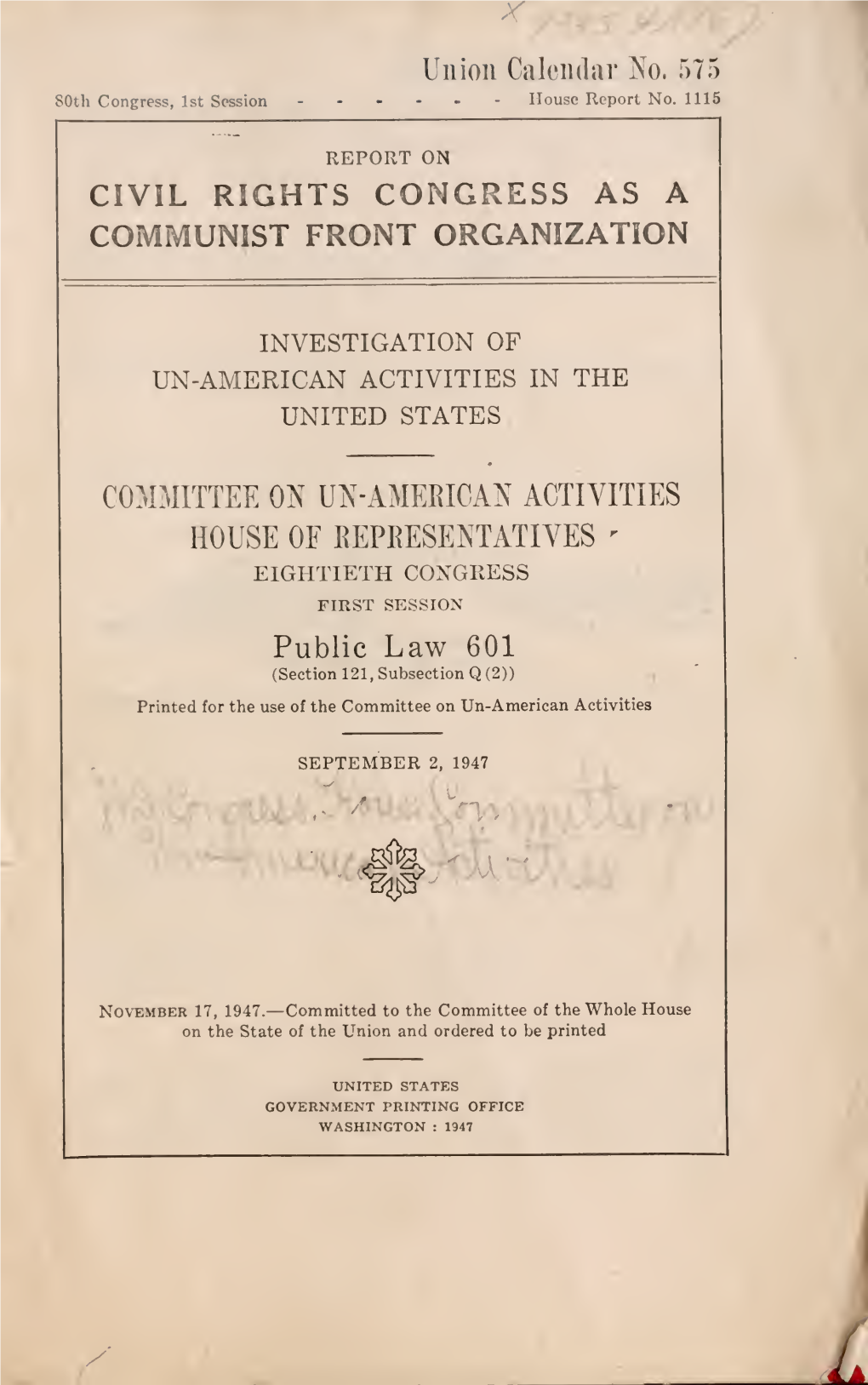 Report on Civil Rights Congress As a Communist Front Organization