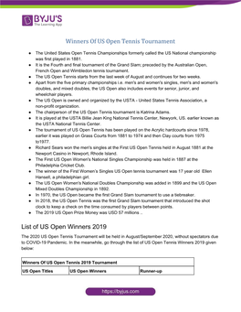 Winners of US Open Tennis Tournament List of US Open