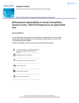 Behavioural Repeatability in Larval Limnephilus Lunatus Curtis, 1834 (Trichoptera) in an Open-Field Test