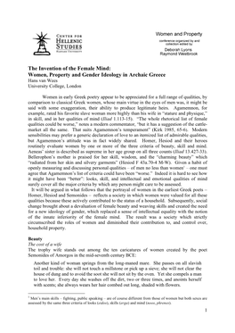 The Invention of the Female Mind: Women, Property and Gender Ideology in Archaic Greece Hans Van Wees University College, London