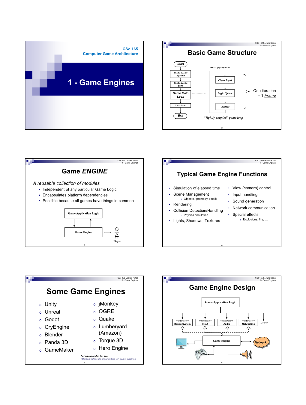 165 Lecture Notes 1 - Game Engines Csc 165 Computer Game Architecture Basic Game Structure