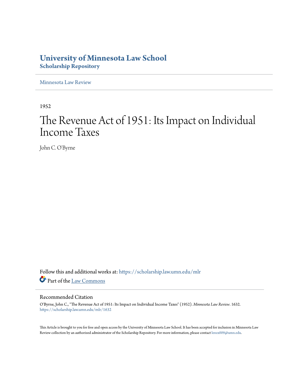 The Revenue Act of 1951: Its Impact on Individual Income Taxes John C