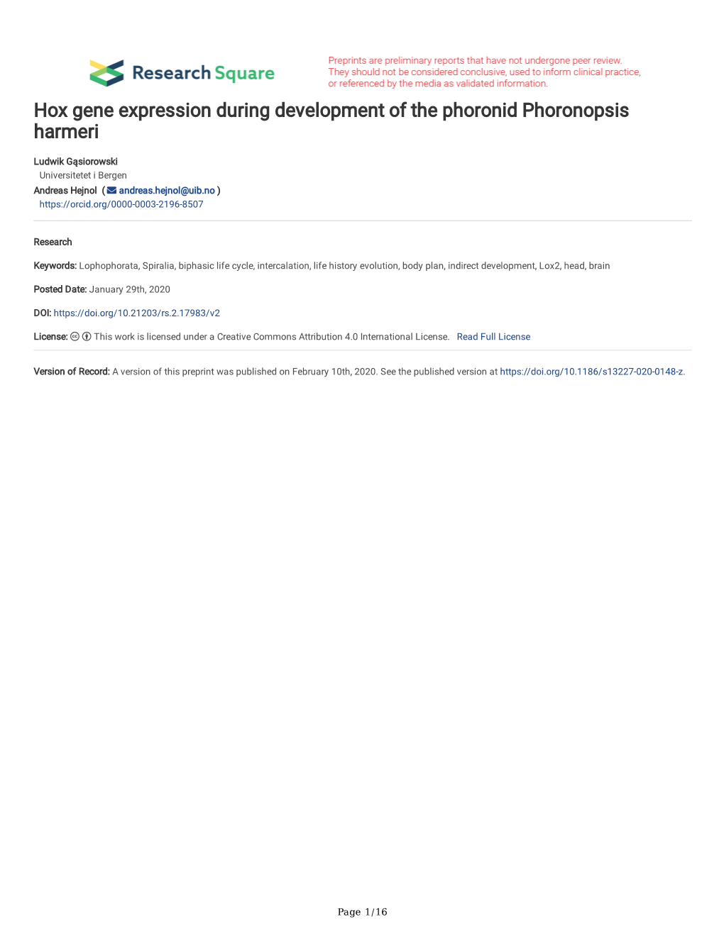 Hox Gene Expression During Development of the Phoronid Phoronopsis Harmeri