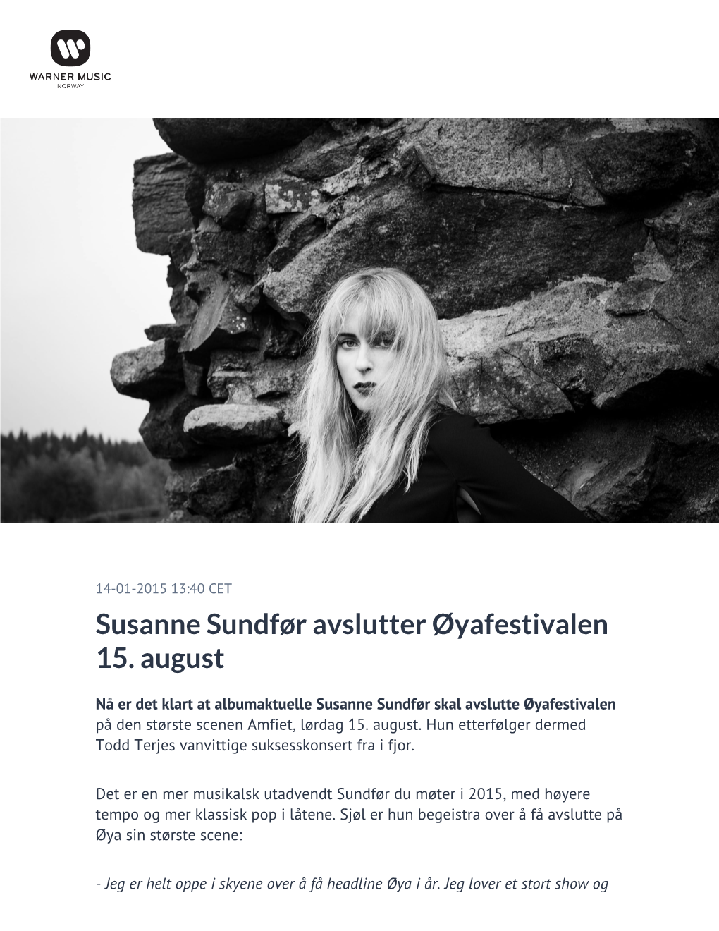 Susanne Sundfør Avslutter Øyafestivalen 15. August