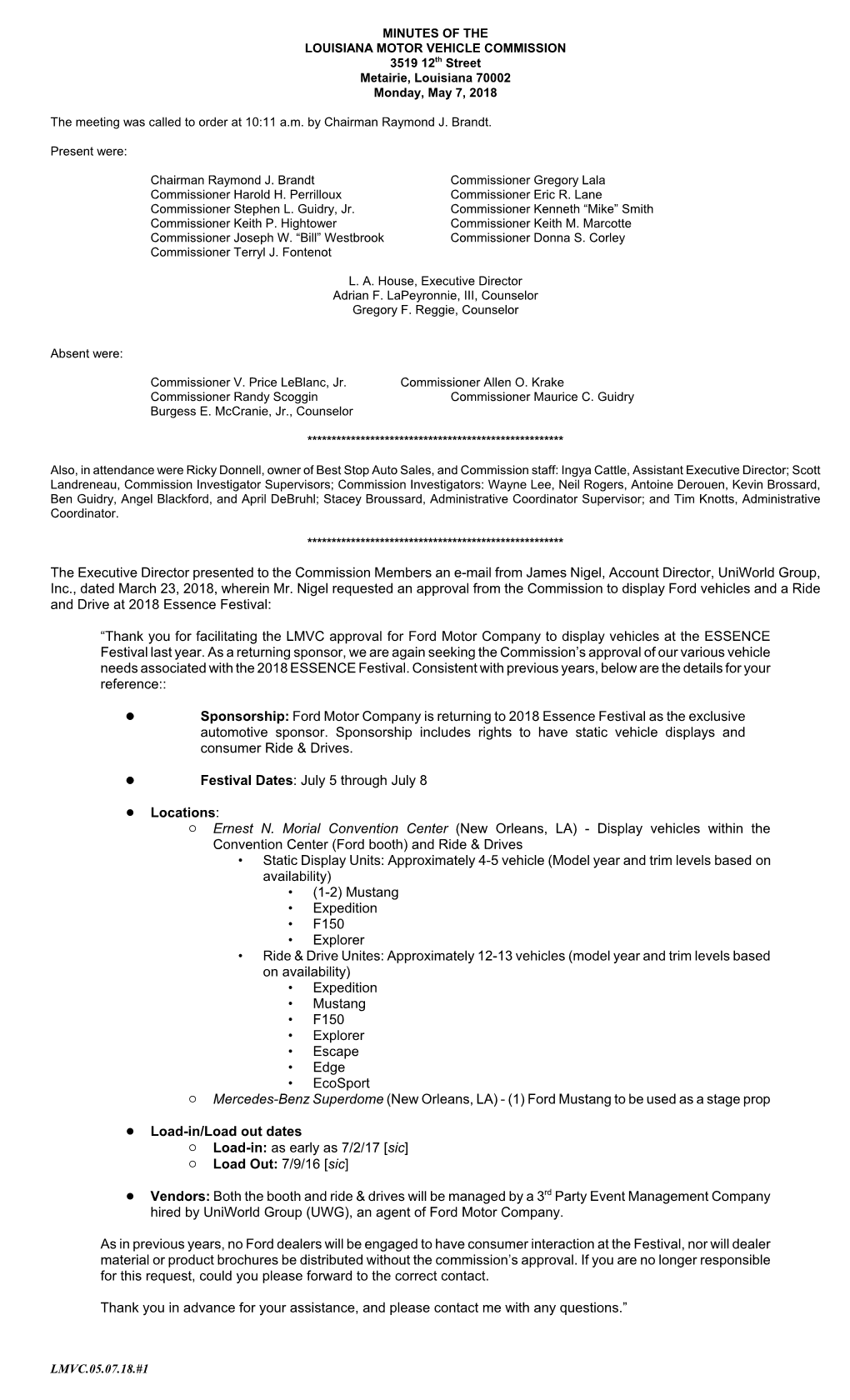 Louisiana Motor Vehicle Commission Minutes