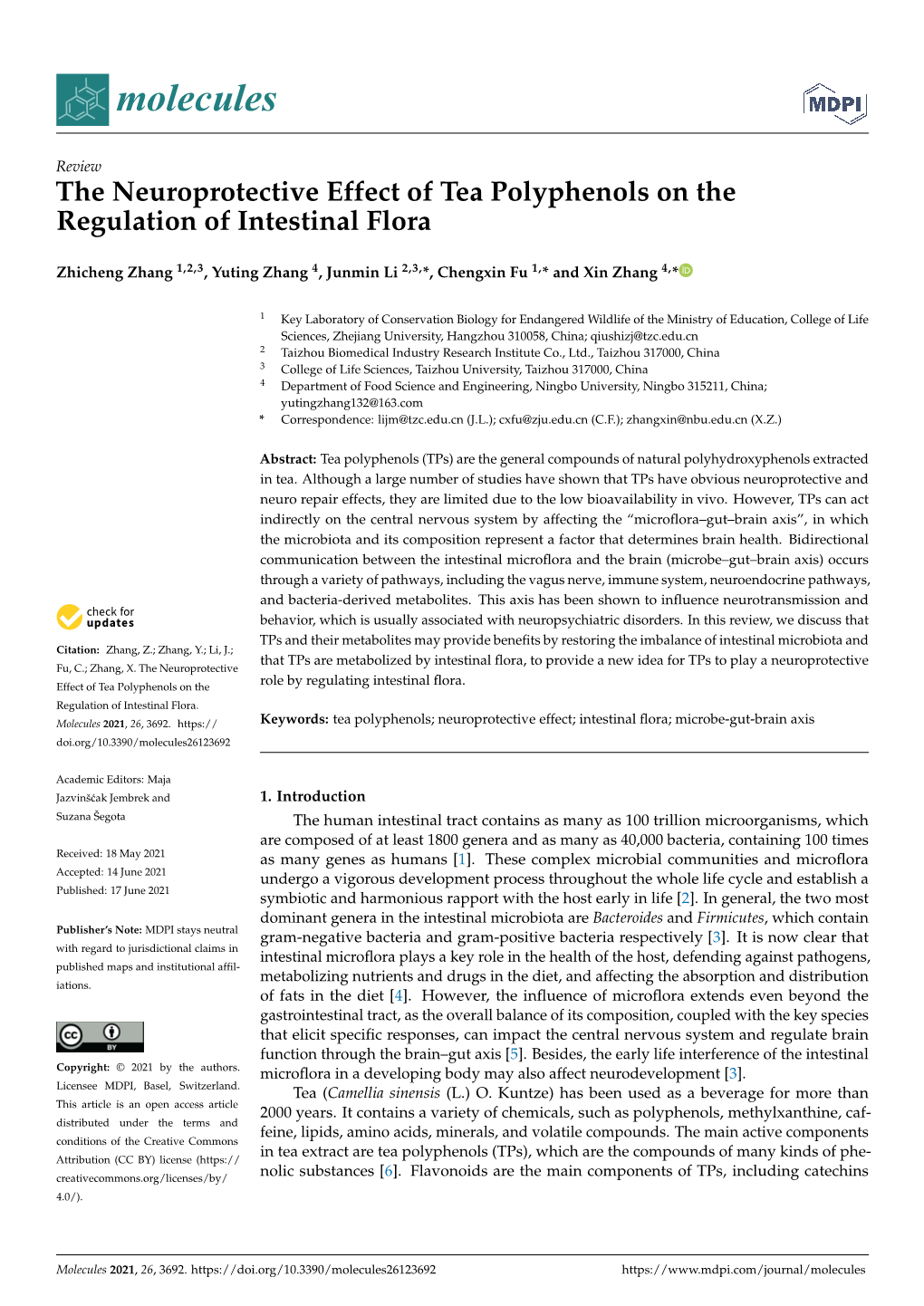 The Neuroprotective Effect of Tea Polyphenols on the Regulation of Intestinal Flora