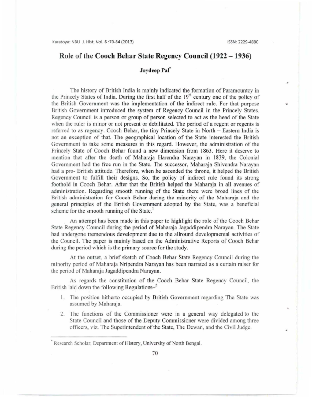 Role of the Cooch Behar State Regency Council (1922 - 1936)
