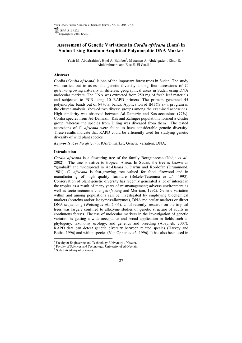 Assessment of Genetic Variations in Cordia Africana (Lam) in Sudan Using Random Amplified Polymorphic DNA Marker