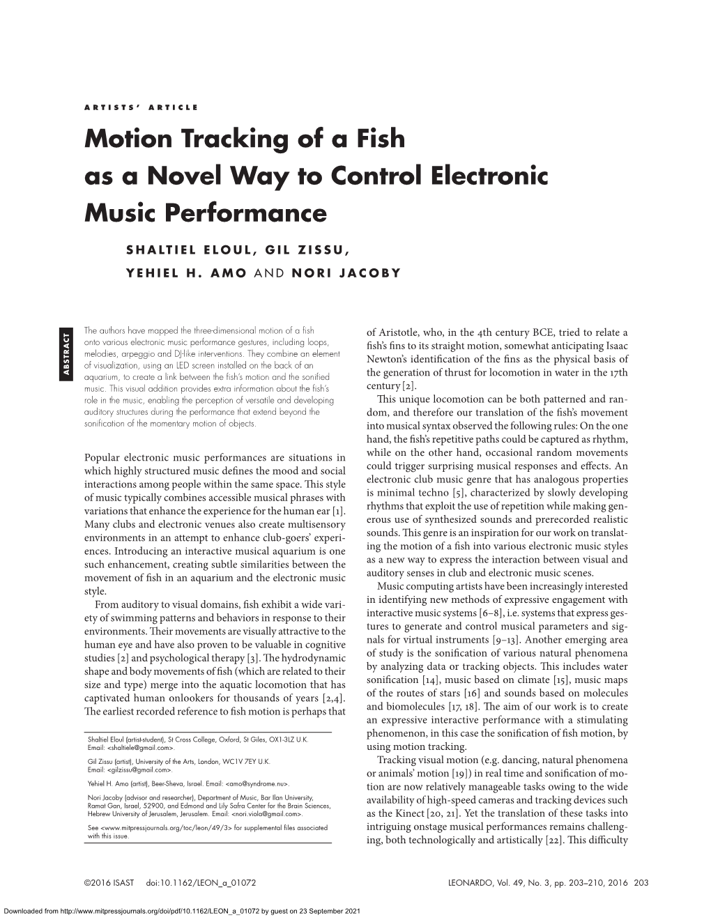 Motion Tracking of a Fish As a Novel Way to Control Electronic Music Performance