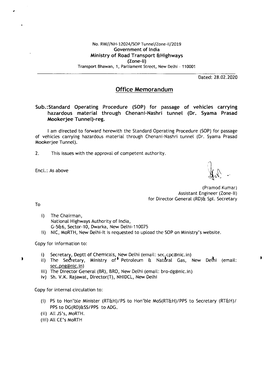 (SOP) for Passage of Vehicles Carrying Hazardous Material Through Chenani-Nashri Tunnel (Dr