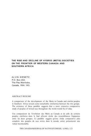 The Rise and Decline of Hybrid (Metis) Societies on the Frontier of Western Canada and Southern Africa