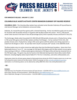 Columbus Blue Jackets Activate Center Brandon Dubinsky Off Injured Reserve