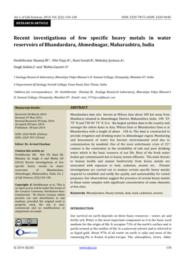 Recent Investigations of Few Specific Heavy Metals in Water Reservoirs of Bhandardara, Ahmednagar, Maharashtra, India