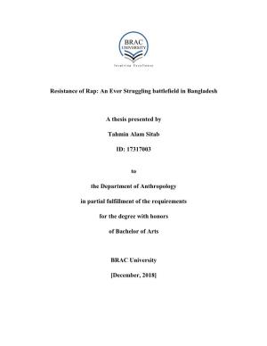 Resistance of Rap: an Ever Struggling Battlefield in Bangladesh a Thesis